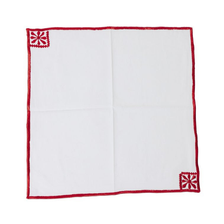White handkerchief with red border and corner designs on a white background