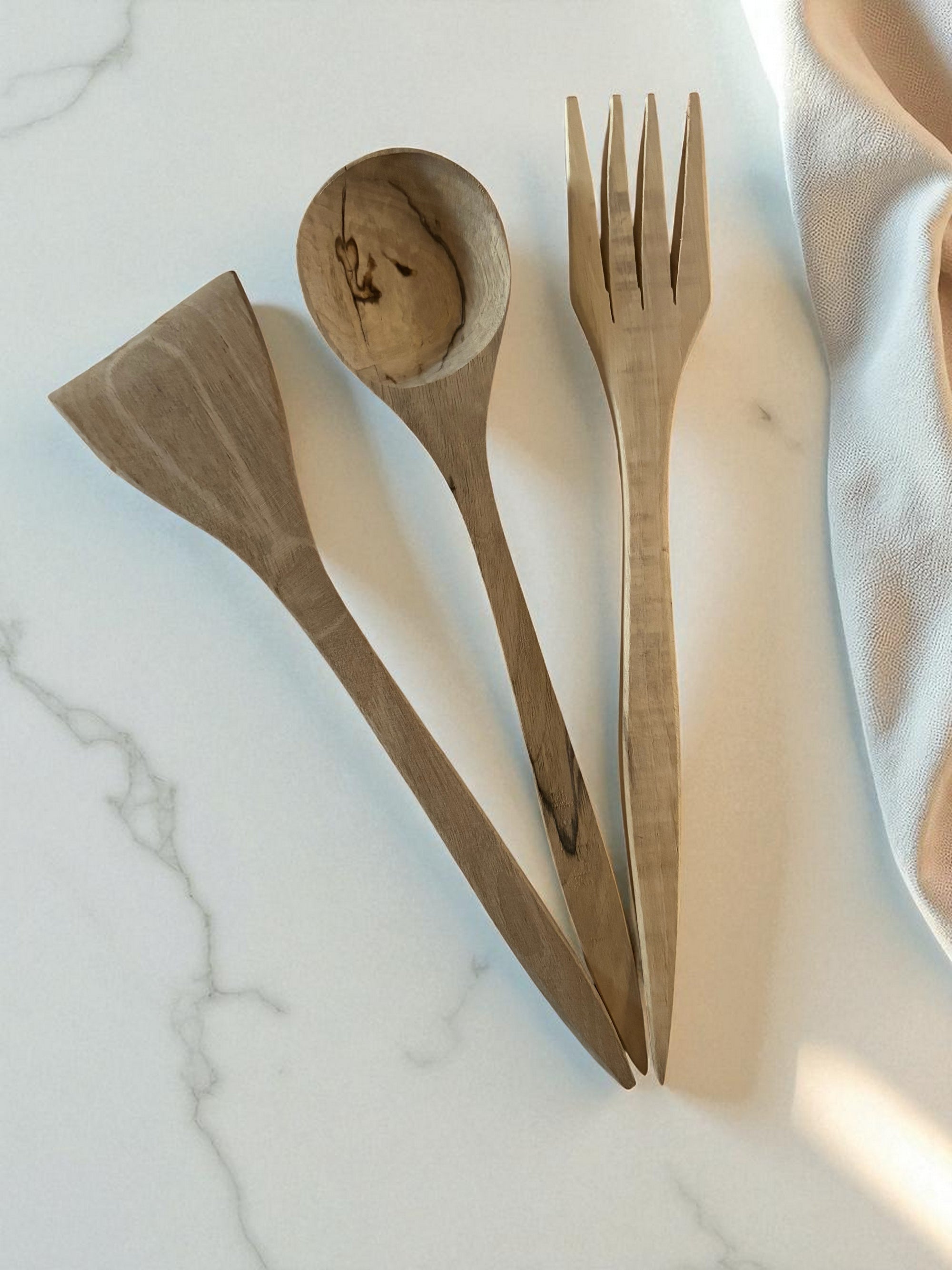 Olive Wood 3-Piece Utensil Set: Serving Fork, Spoon, and Spatula